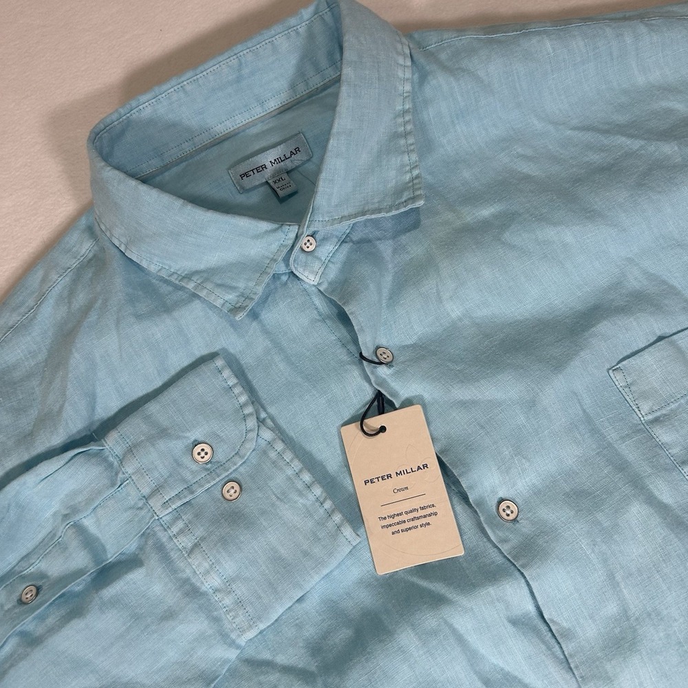 NWT Peter Millar Crown Coastal Mens‎ XXL Blue 100% Linen L/S Button Up Shirt